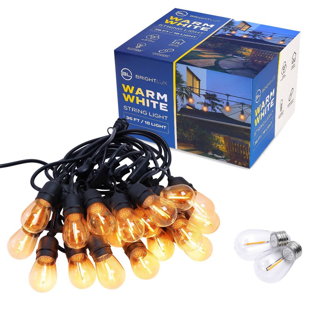 BrightLux 18ct LED 36ft Filament String Lights: ETL Listed, 2-Year Warranty, S14 Shape