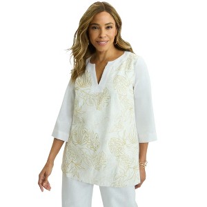 Jessica London Women's Plus Size Linen V-Neck Embroidered Tunic - 1 of 4