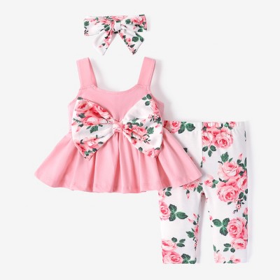 PATPAT Baby Girl 3pcs Bowknot Cami Top and Floral Pattern Leggings with Headband Outfit Set
