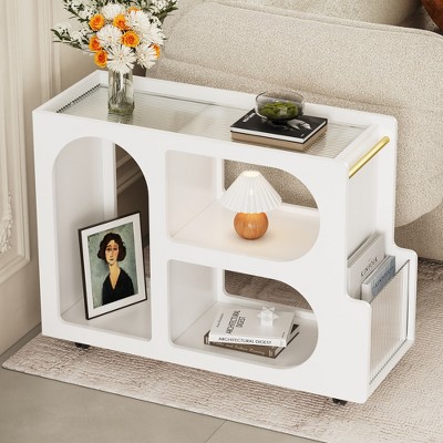 Whisen Modern Mobile End Table with Lockable Wheels and Tempered Glass