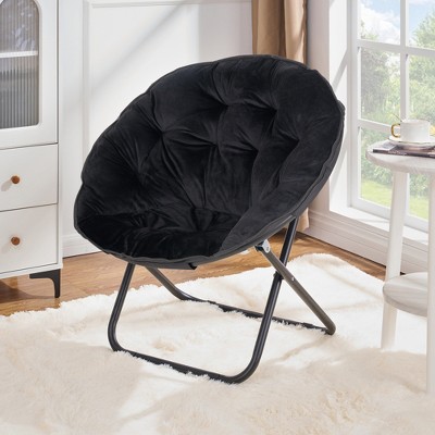 VECELO Folding Saucer Chair, Moon Chair with Metal Frame, Faux Fur for Bedroom or Living Room, Gray/Black