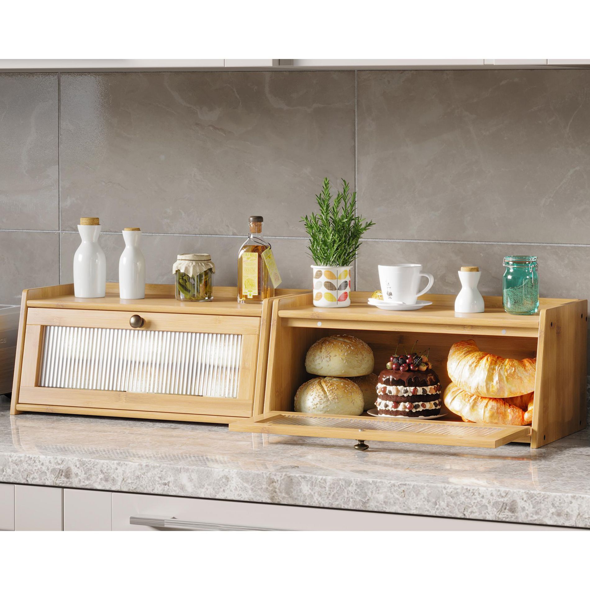 Bamboo Bread Box, Closed Bread Box for Kitchen Countertop with Window, Multi-Functional Kitchen Countertop Organizer