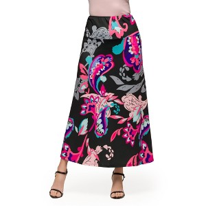 24seven Comfort Apparel Womens Black and Pink Paisley Elastic Waist A Line Maxi Skirt - 1 of 4