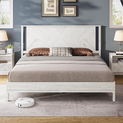 14 Inch Rustic White Deluxe Bed Frame with Headboard, Rustic & Scandinavian Style with Solid Acacia Wood