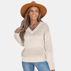 Women's V-Neck Long Sleeve Perforated Knit Sweater - Cupshe - 1 of 4