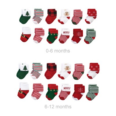 Hudson Baby Unisex Baby Grow with Me Cotton Terry Socks, 12 Days Of Christmas, 0-6 and 6-12 Months