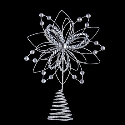 Kurt S. Adler 11.5" Silver Glittered Layered Floral Star Burst Rhinestone Accented 3-D Wire Tree Topper