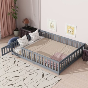 Queen Size Floor Bed for Kids, Safe Montessori Bed with Fence and Door, Low Profile Platform Bed with Guardrails, Wood Frame Bed-Baofuwish - 1 of 4