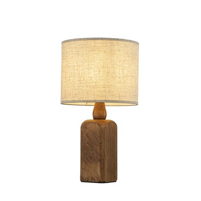 ALOADECOR 18''Farmhouse Traditional Natural Brown Solid Wood Base Table Lamp with Beige Fabric Shade for Bedroom Living Room