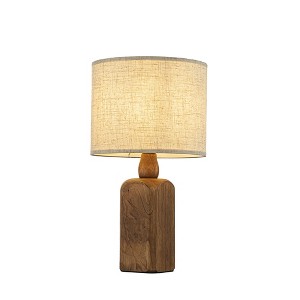 ALOADECOR 18''Farmhouse Traditional Natural Brown Solid Wood Base Table Lamp with Beige Fabric Shade for Bedroom Living Room - 1 of 4