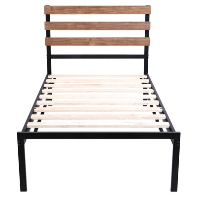Tangkula Twin Size Upholstered Platform Bed Metal Bed Frame with Wooden Slat & Headboard