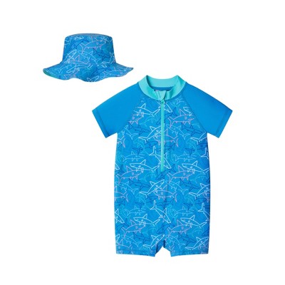Andy & Evan  Infant  Blue Swim Romper w/Hat