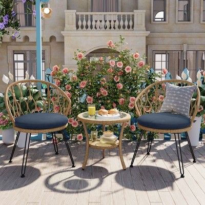 Outdoor Conversation Set, Patio Conversation Sets With 2 Rattan Chairs With Cushion And A Glass Round Table-Cuddlewood