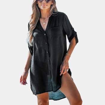 Women's Black Button-Up V-Neck Mini Cover-Up Dress - Cupshe