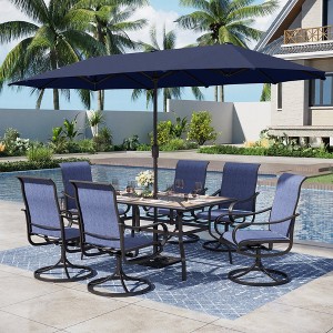 Captiva Designs 8pc Outdoor Wood-look Rectangle Steel Dining Table & Sling Swivel Chairs & Market Umbrella - 1 of 4