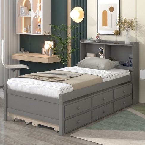 Twin xl storage bed on sale with bookcase headboard