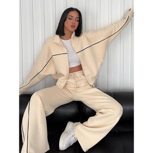 Mocamel Women's Long-sleeved Zipper Mock-neck Cardigan Sweater Lace-up Striped Pants Casual 2-piece set - 1 of 4
