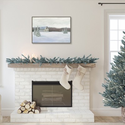 Holiday Winter Barn Oil Painting on Canvas with Greywash Frame