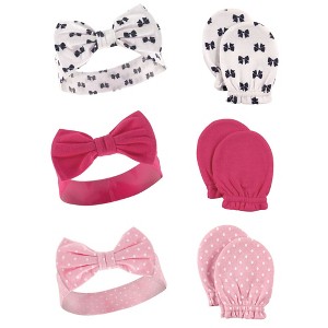 Hudson Baby Infant Girls Cotton Headband and Scratch Mitten 6pc Set, Bows, 0-6 Months - 1 of 1