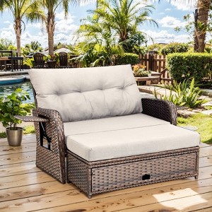 Patio Rattan Daybed Set with Cushioned Loveseat and Ottoman, Outdoor Double Chaise Lounger with 4-Level Adjustable Backrest and Retractable Side Trays - 1 of 4