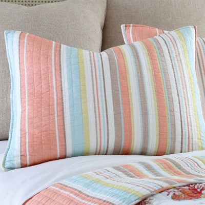Brighton Coral Twin Cotton Quilt Set with Striped Coastal Design