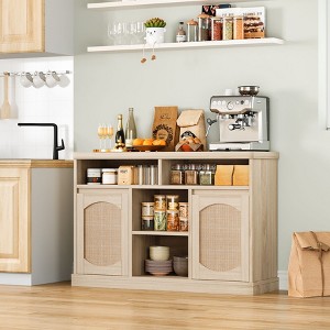 Rattan Buffet Cabinet with Storage, 47" Sideboard Storage Cabinet with 2 Rattan Doors, Natural Wood Accent Coffee Bar for Kitchen Dining Living Room - 1 of 4