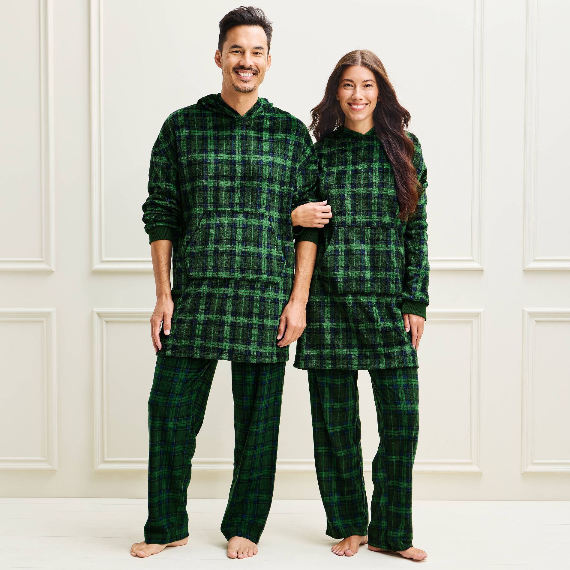 Adult Holiday Plaid Fleece Matching Family Pajama Blanket Hoodie - Wondershop™ Green S