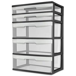 5 Drawer Wide Tower, with both Shallow and Deep Clear Plastic Drawers, Black - 1 of 4
