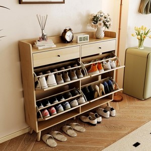 Rattan Shoe Storage Cabinet with 2 Flip Drawers and 2 Drawers, Narrow Shoe Organizer for Entryway Hallway, Living Room - 1 of 4