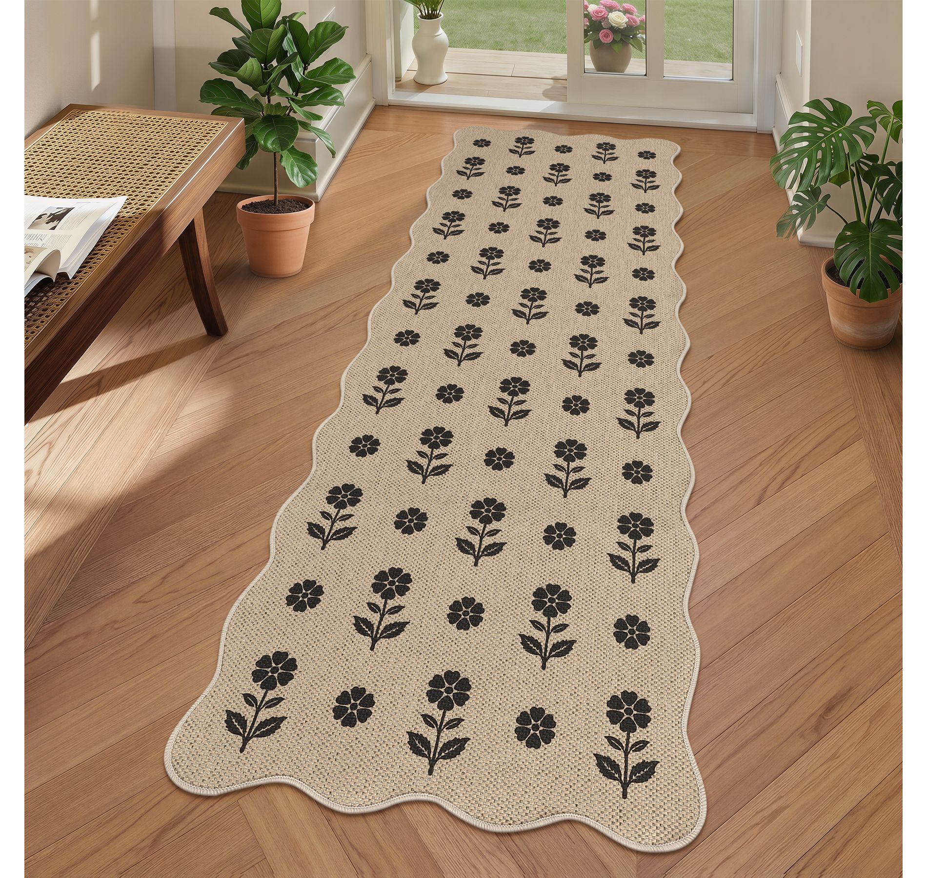 Lantine Scalloped Easy Jute 2x6 Runner Rug,Floral Outdoor, Non Skid Washable for Hallway Porch,Kitchen