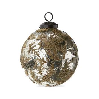 tag Blown Glass Silver 4-inch Christmas Tree Ornament with Embedded Botanical Leave Accents and Mercury Glass Effect