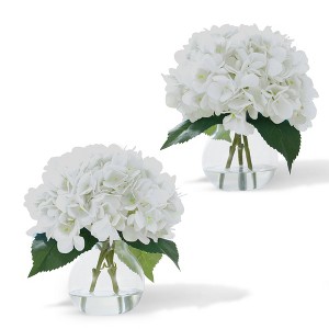 2PCS Artificial Hydrangea Flowers in Glass Vase with Faux Water,Hydrangeas,Flower Arrangements for Home Office,Table Centerpiece,Bathroom,Shelf Decor - 1 of 4