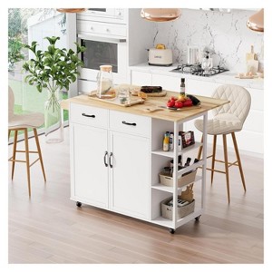 EcoSummer Rolling Kitchen Island Cart with Drop Leaf, Storage Cabinet on Wheels with Drawers, Spice Racks & Towel Rack, White - 1 of 4