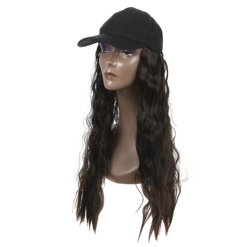 Unique Bargains Baseball Cap with Hair Extensions Fluffy Curly Wavy Wig Hairstyle 26" Wig Hat for Woman Black Brown, 1 of 5