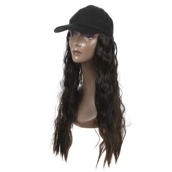 Unique Bargains Baseball Cap with Hair Extensions Fluffy Curly Wavy Wig Hairstyle 26" Wig Hat for Woman Black Brown