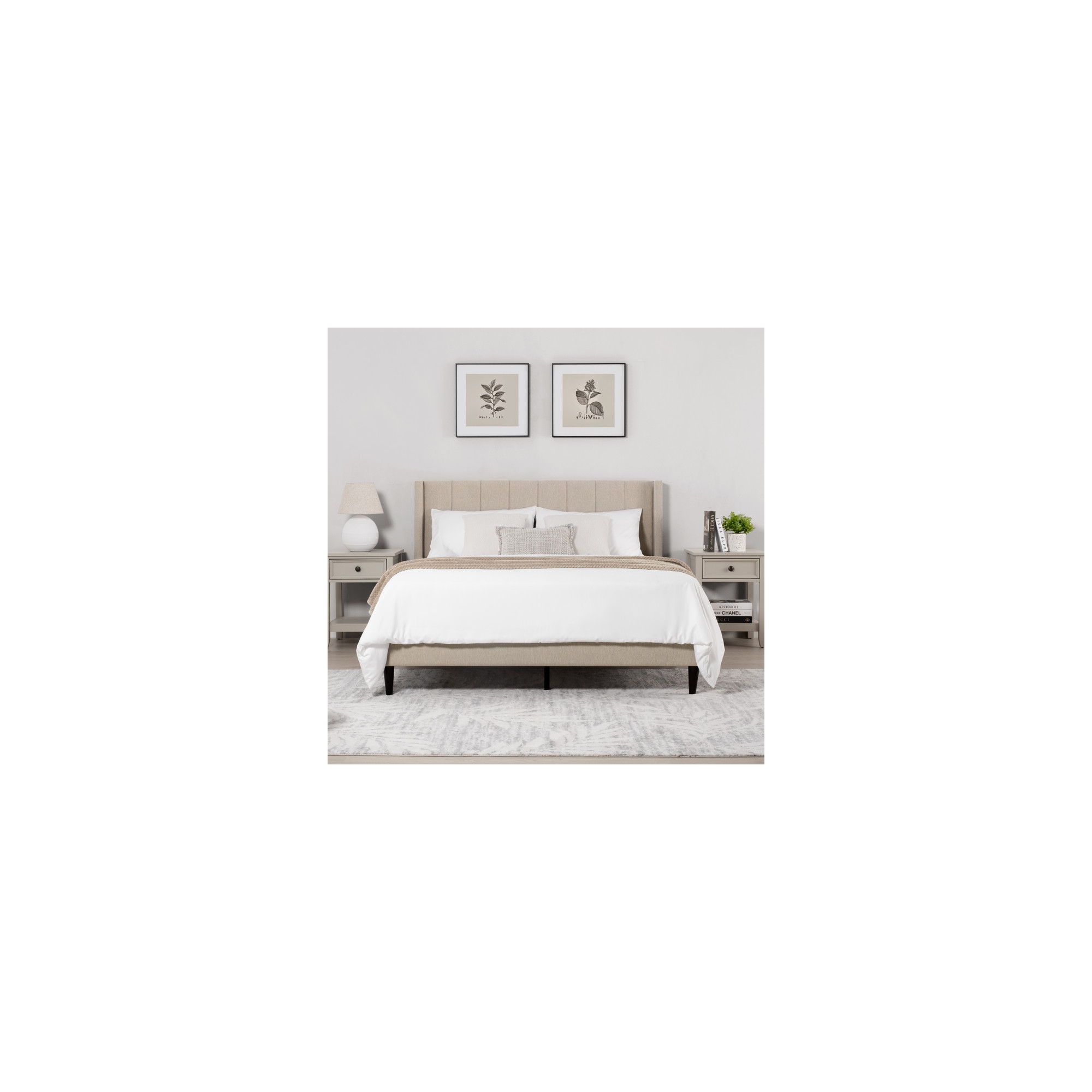 Spruce & Spring Fully Upholstered Platform Bed Frame with Headboard, Oatmeal, Queen