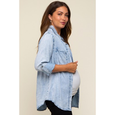 PinkBlush Light Blue Chambray Maternity Rolled Cuff Shirt