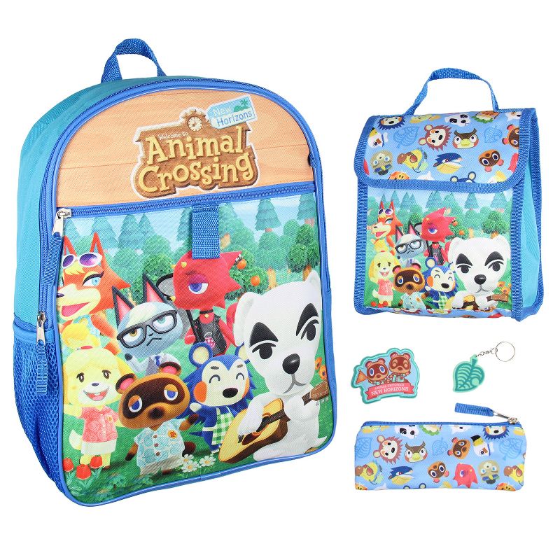 Animal Crossing Character Print Backpack 5 pc Set Lunch Tote Keychain Multicoloured, 1 of 8