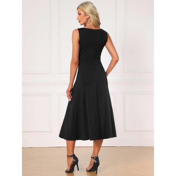Vestido de trabajo formal sin mangas con fruncido y talle alto para mujer, corte A 4