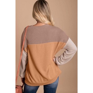 Khaki Color Block Long Sleeve Ribbed Loose Top - 1 of 1