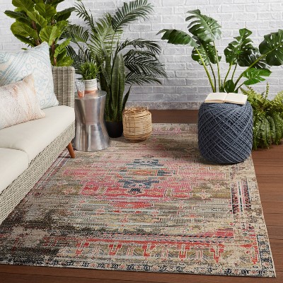 5'3" x 7'6" Pink and Blue Synthetic Medallion Area Rug