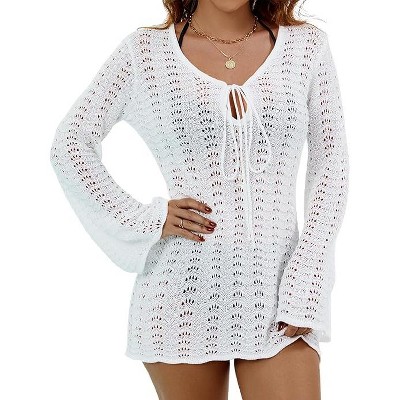 Eomenie Women Crochet Swim Cover Up Summer Bathing Suit Hollow Out Long Sleeve Dress Coverup Mesh Knit Beach Outfits