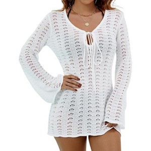 Eomenie Women Crochet Swim Cover Up Summer Bathing Suit Hollow Out Long Sleeve Dress Coverup Mesh Knit Beach Outfits - 1 of 3