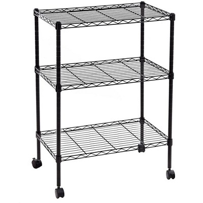 SEVOBAL Utility Storage Shelves Three Layer Plastic Coated Iron Shelf with Wheels for Home and Office, Black, 24.01"*14.17"*4.05"