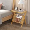 Costway Rattan Side Table Bamboo Accent Bedside Table with Tempered Glass Top Walnut/Natural - image 3 of 4