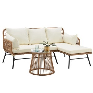 Modern L-Shaped Rattan Patio Set - Detachable Lounger, Tempered Glass Table & All-Weather Cushions for Poolside/Balcony - 1 of 4
