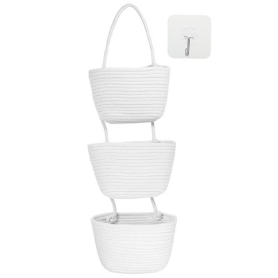 Unique Bargains Wall Mounted 3 Tier Cotton Rope Woven Bedroom Hanging Basket Bedroom White