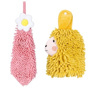REGALWOVEN Soft Absorbent Flower Pattern and Sheep Pattern Chenille Hand Towel with Loop 6" x 15"/7" x 11" 2 Pcs - 1 of 4