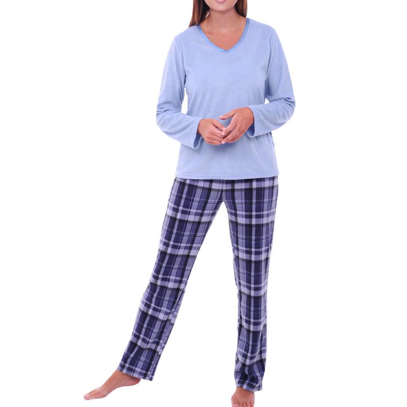 Women's Soft Warm Fleece Pajamas Lounge Set, Long V Neck Top and Pants, PJ, 1 of 9