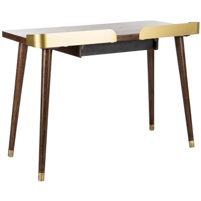 Walnut and Gold Transitional Home Office Desk with Drawer